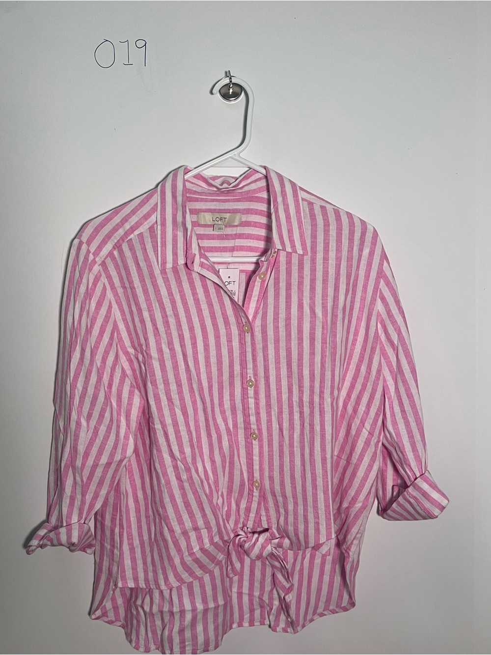 LOFT Pink and White Vertical Stripe Button-Down Tie-Hem Shirt